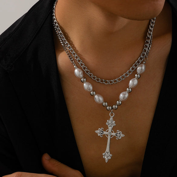 Necklace Men's Hiphop Imitation Pearl Cross Titanium Steel Alloy Geometric Handmade Jewelry
