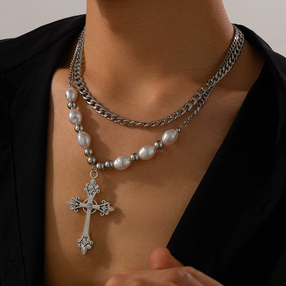 Necklace Men's Hiphop Imitation Pearl Cross Titanium Steel Alloy Geometric Handmade Jewelry