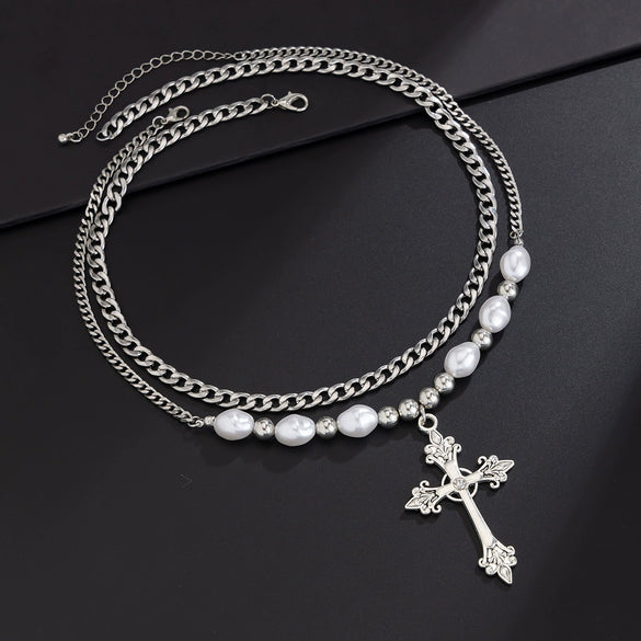 Necklace Men's Hiphop Imitation Pearl Cross Titanium Steel Alloy Geometric Handmade Jewelry