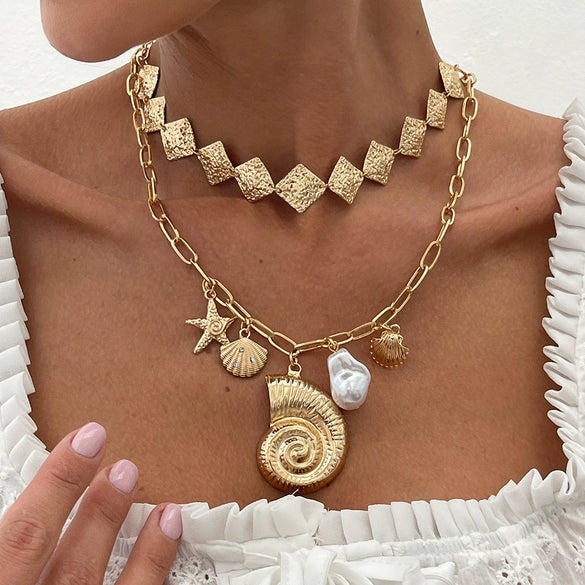 Necklace Metal Alloy Imitation Pearl Iron Sheet Animal Zodiac Geometric Starfish Scallop Shell Conch Electroplating