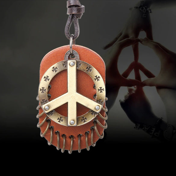 Necklace Metal Bronze Peace Symbol Geometric Leather Fuel Injection Pendant