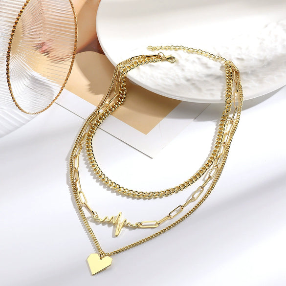 Necklace Metal Heart Pendant Wave Pattern Electroplating For Women