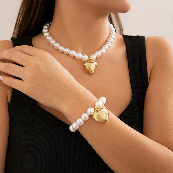 Necklace Metal Imitation Pearl Plastic Heart Shaped Ball Chain Electroplated