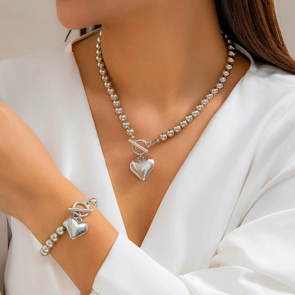 Necklace Metal Imitation Pearl Plastic Heart Shaped Ball Chain Electroplated