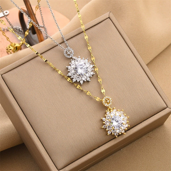 Necklace Mixed Gem Inlay Titanium Steel Geometric Electroplating Ochain For Women