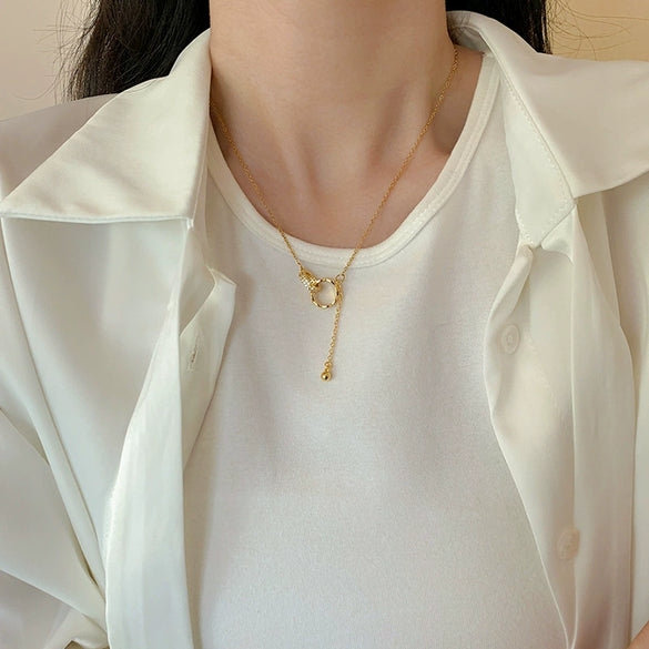 Necklace Mixed Gem Inlay Titanium Steel Geometric Interlocking Tassel Double Ring Design