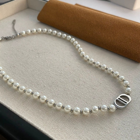 Necklace Multilayer Baroque Imitation Pearl Ball Chain Titanium Steel Geometric Electroplating Women