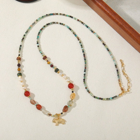 Necklace Natural African Turquoise Freshwater Pearl Czech Beads Vintage Animals Style Handmade With African Pine Hair Crystal Red Agate Copper