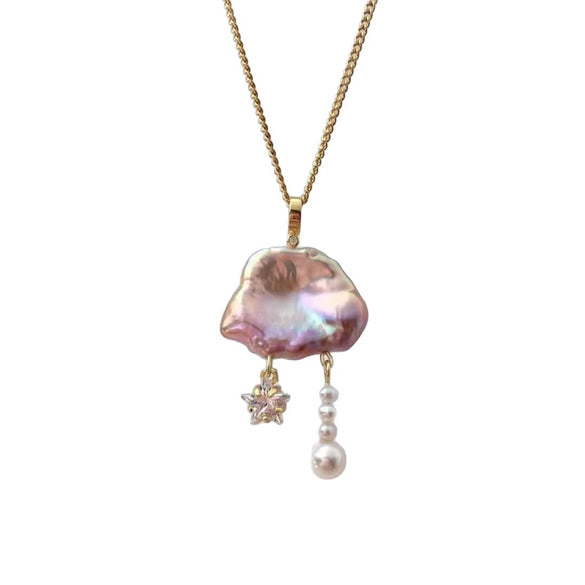 Necklace Natural Baroque Pearl Moon Star Pendant Copper Electroplating