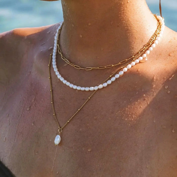 Necklace Natural Freshwater Pearl 18K Goldplated Copper Ball Chain Hand Knitted Organic Glass Geometric Style