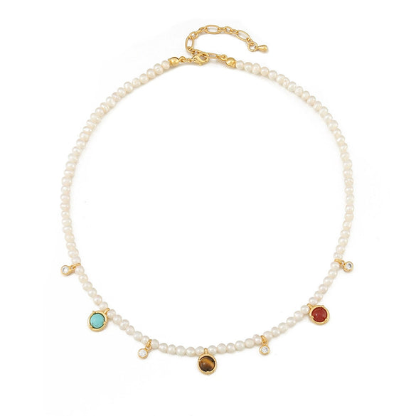 Necklace Natural Freshwater Pearl Red Agate Blue Pine Tiger Eye Stone Copper Shell Handmade Geometric French Vintage Style