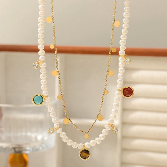 Necklace Natural Freshwater Pearl Red Agate Blue Pine Tiger Eye Stone Copper Shell Handmade Geometric French Vintage Style