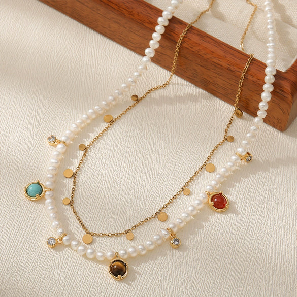 Necklace Natural Freshwater Pearl Red Agate Blue Pine Tiger Eye Stone Copper Shell Handmade Geometric French Vintage Style