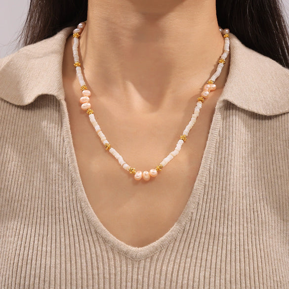 Necklace Natural Freshwater Pearl Shell Beaded 316L Stainless Steel 18K Gold Plated Geometric Sweet Design