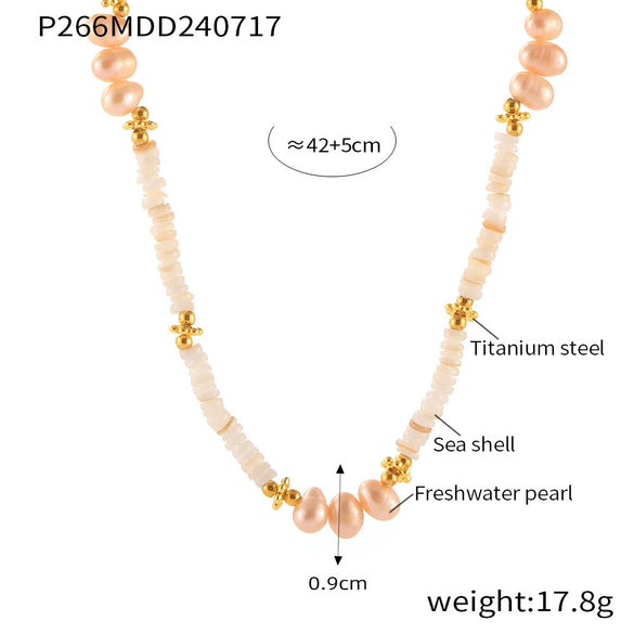 Necklace Natural Freshwater Pearl Shell Beaded 316L Stainless Steel 18K Gold Plated Geometric Sweet Design