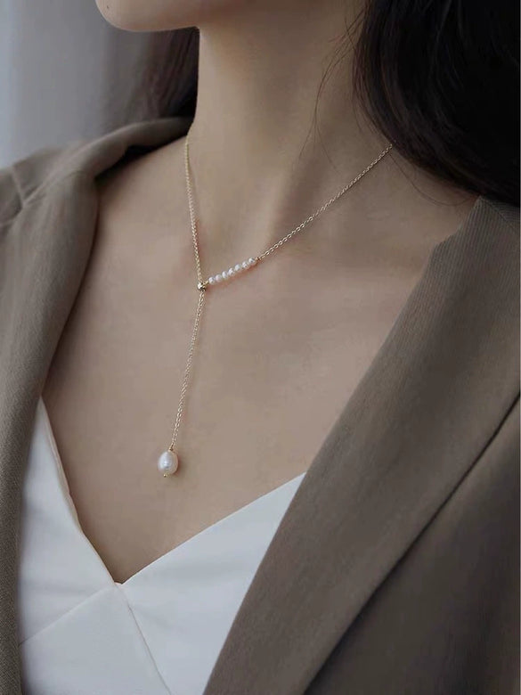 Necklace Natural Freshwater Pearl Woolen Copper Chain Niche Minimalist Style With Shape And Water Drop Shape