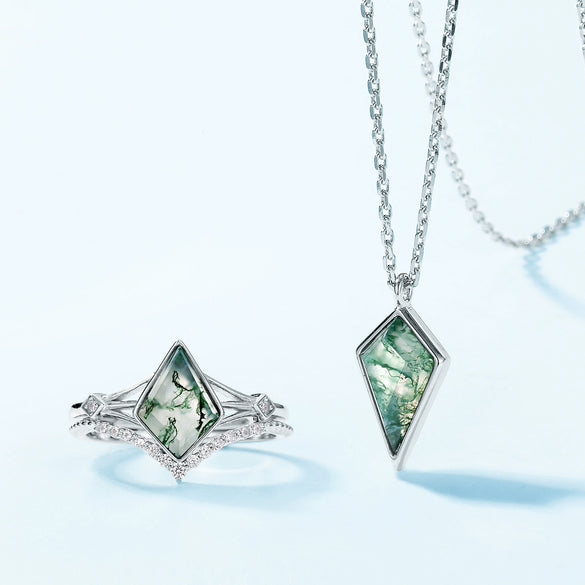 Necklace Natural Geometric Green Moss Stone S925 Silver Inlaid With Water Grass Agate Retro Style