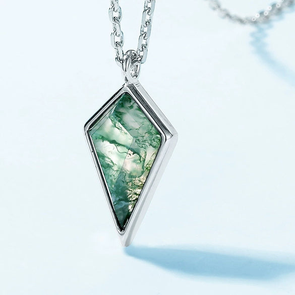 Necklace Natural Geometric Green Moss Stone S925 Silver Inlaid With Water Grass Agate Retro Style