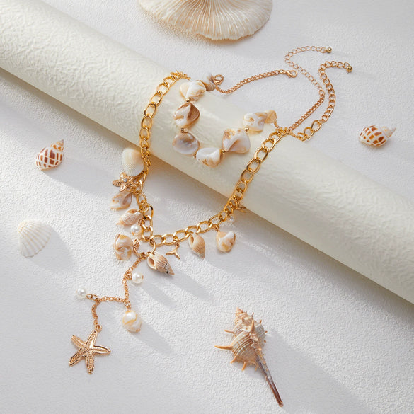 Necklace Natural Shell Conch Imitation Pearl Metal Starfish Alloy Pendant Geometric Constellation Electroplated