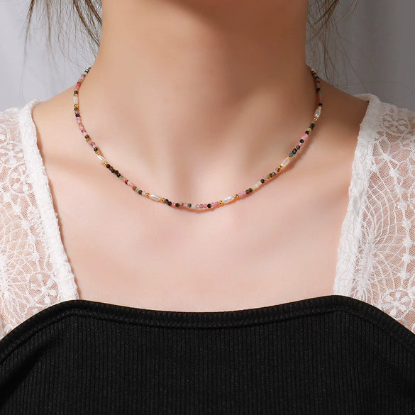 Necklace Natural Stone Beaded Freshwater Pearl Stainless Steel Geometric Handmade For Women