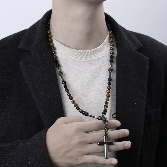 Necklace Natural Stone Yellow Tiger Eye Iron Stone Cross Geometric Handmade Men's Hip Hop Style Alloy Pendant Cotton Thread Chain