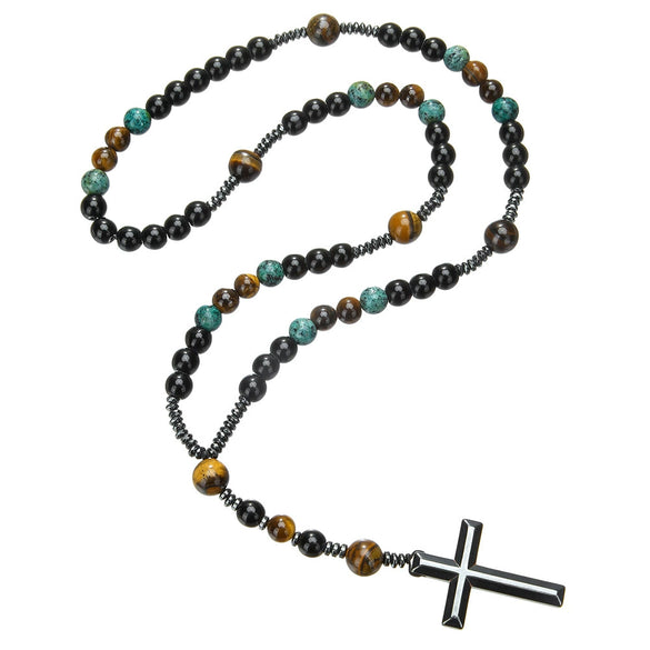 Necklace Natural Stone Yellow Tiger Eye Iron Stone Cross Geometric Handmade Men's Hip Hop Style Alloy Pendant Cotton Thread Chain
