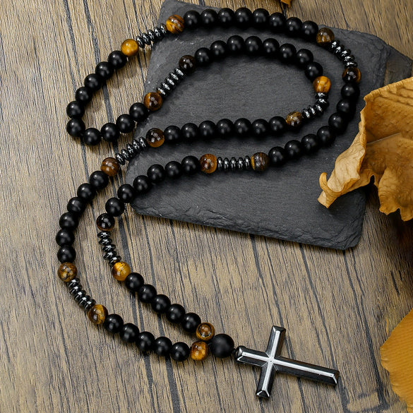 Necklace Natural Stone Yellow Tiger Eye Iron Stone Cross Geometric Handmade Men's Hip Hop Style Alloy Pendant Cotton Thread Chain