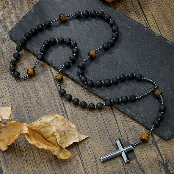 Necklace Natural Stone Yellow Tiger Eye Iron Stone Cross Geometric Handmade Men's Hip Hop Style Alloy Pendant Cotton Thread Chain