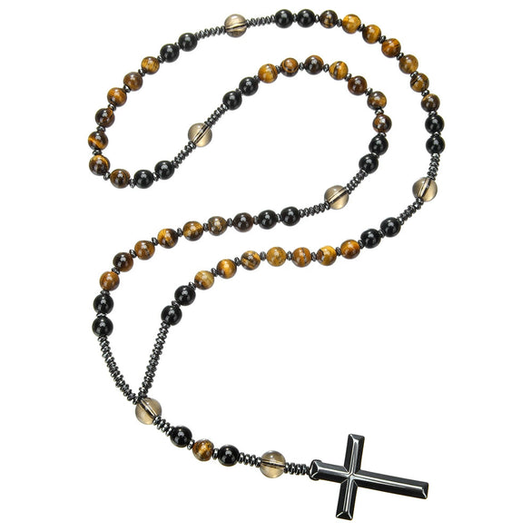 Necklace Natural Stone Yellow Tiger Eye Iron Stone Cross Geometric Handmade Men's Hip Hop Style Alloy Pendant Cotton Thread Chain