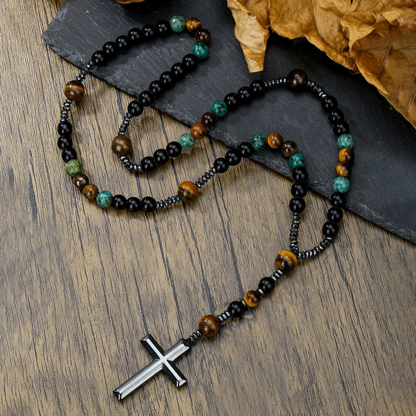 Necklace Natural Stone Yellow Tiger Eye Iron Stone Cross Geometric Handmade Men's Hip Hop Style Alloy Pendant Cotton Thread Chain