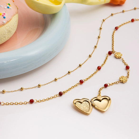 Necklace Openable Heart Photo Box Pendant Red Agate Doublelayer Bead Chain Alloy Stainless Steel Geometric Electroplating Unisex