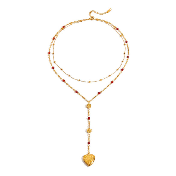 Necklace Openable Heart Photo Box Pendant Red Agate Doublelayer Bead Chain Alloy Stainless Steel Geometric Electroplating Unisex