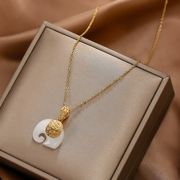 Necklace Organic Glass Imitation Jade Elephant Animals Zodiac Electroplating Jewelry For Women