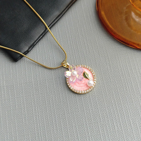 Necklace Pearl Fivepetal Flower Copper Titanium Steel Electroplating O Word Chain Women's Fashion
