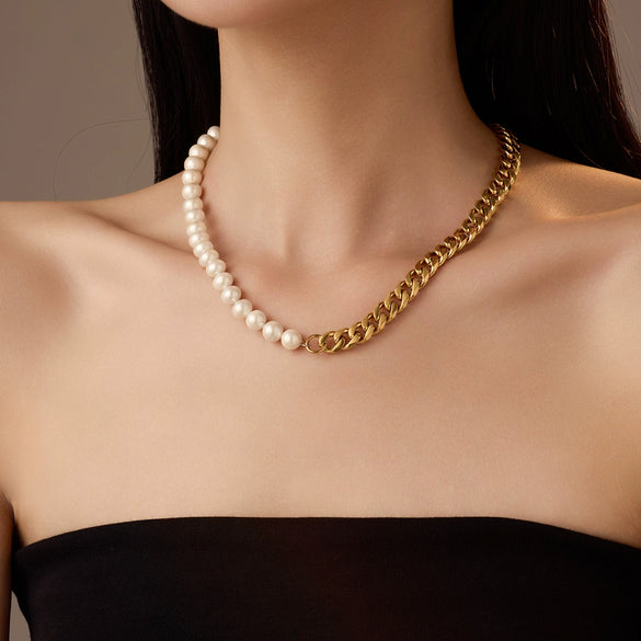 Necklace Pearl Splicing Titanium Steel Plated 18K Gold Fashion Style