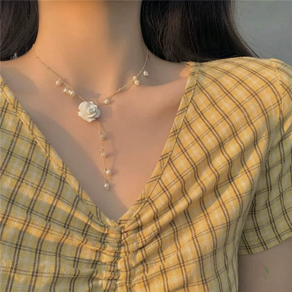 Necklace Pearl Titanium Steel Drop Shape Flower Design For Women