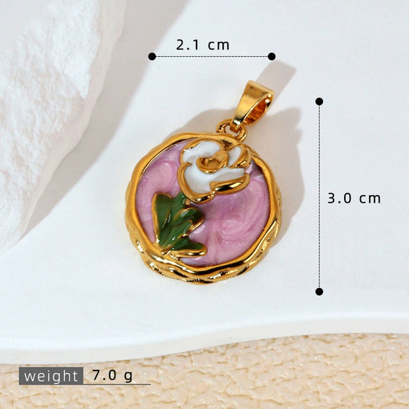 Necklace Pendant Accessories Copper Imitation Pearl Oil Drop Plants Flowers Retro Art Dripping Oil Style