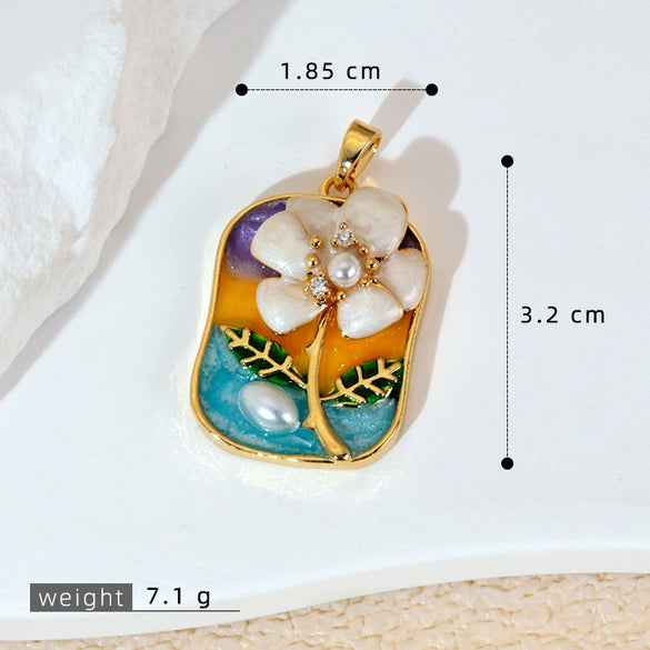 Necklace Pendant Accessories Copper Imitation Pearl Oil Drop Plants Flowers Retro Art Dripping Oil Style