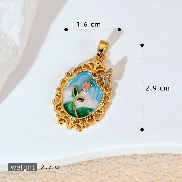 Necklace Pendant Accessories Copper Imitation Pearl Oil Drop Plants Flowers Retro Art Dripping Oil Style