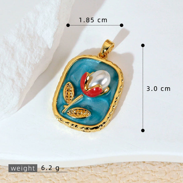 Necklace Pendant Accessories Copper Imitation Pearl Oil Drop Plants Flowers Retro Art Dripping Oil Style