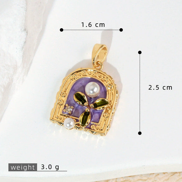 Necklace Pendant Accessories Copper Imitation Pearl Oil Drop Plants Flowers Retro Art Dripping Oil Style