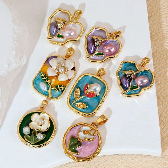 Necklace Pendant Accessories Copper Imitation Pearl Oil Drop Plants Flowers Retro Art Dripping Oil Style