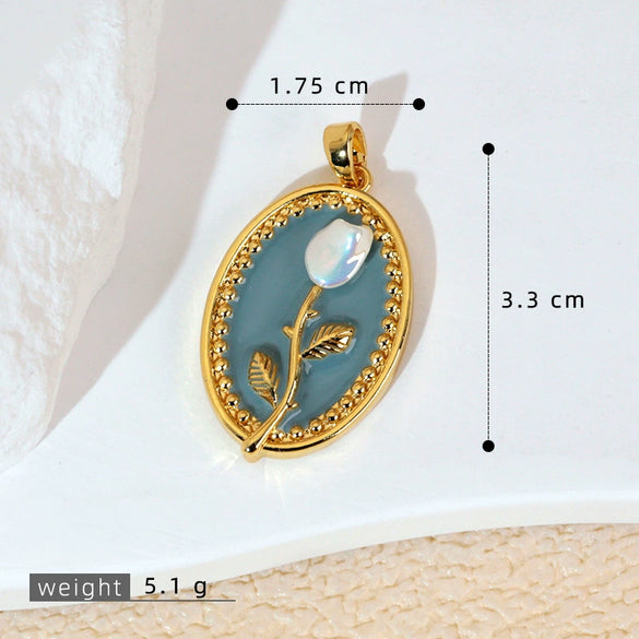 Necklace Pendant Accessories Copper Imitation Pearl Oil Drop Plants Flowers Retro Art Dripping Oil Style