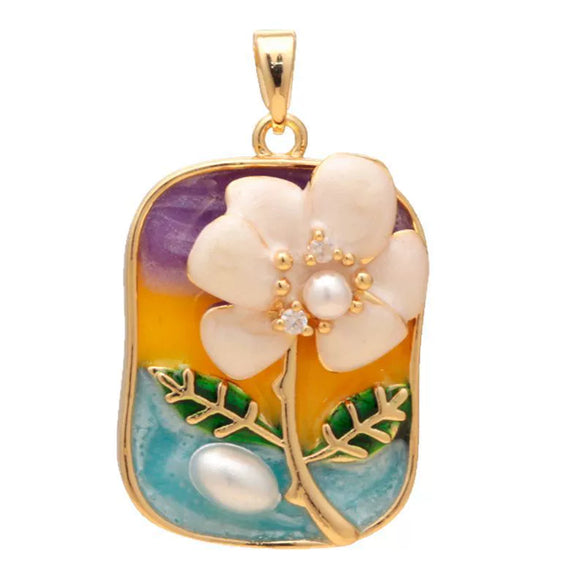 Necklace Pendant Accessories Copper Imitation Pearl Oil Drop Plants Flowers Retro Art Dripping Oil Style