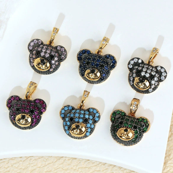 Necklace Pendant Animal Bear Copper Plated With Gold Set With Diamonds