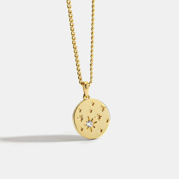 Necklace Pendant Disc Star Diamond Gold Plated Brass Retro Style