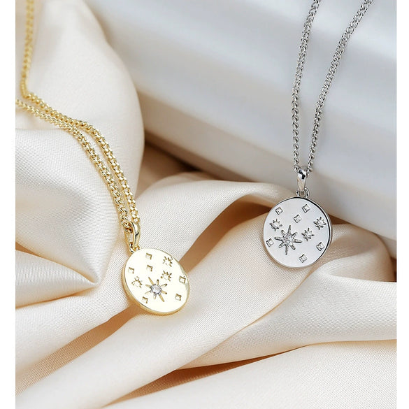 Necklace Pendant Disc Star Diamond Gold Plated Brass Retro Style