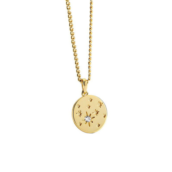 Necklace Pendant Disc Star Diamond Gold Plated Brass Retro Style