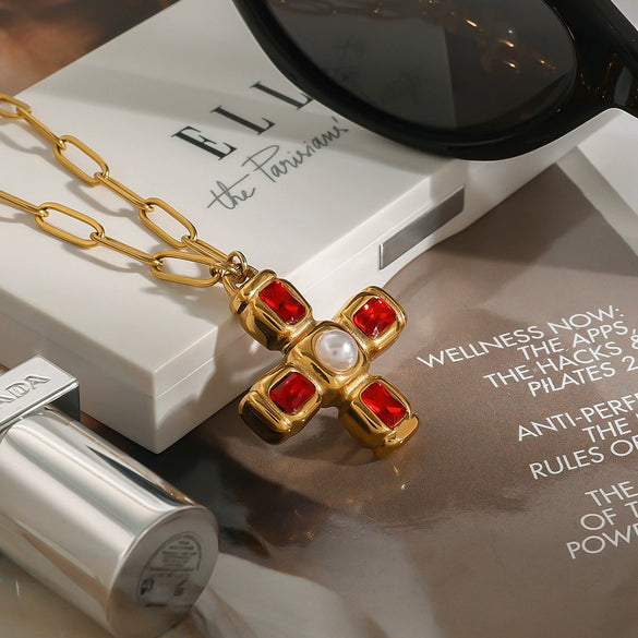Necklace Pendant Jewelry Stainless Steel Titanium Steel Geometric Cross Electroplated Glass Pearl Zircon