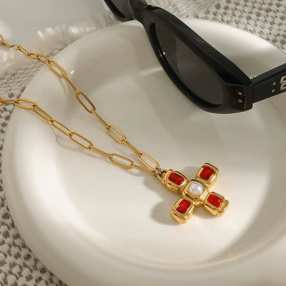 Necklace Pendant Jewelry Stainless Steel Titanium Steel Geometric Cross Electroplated Glass Pearl Zircon